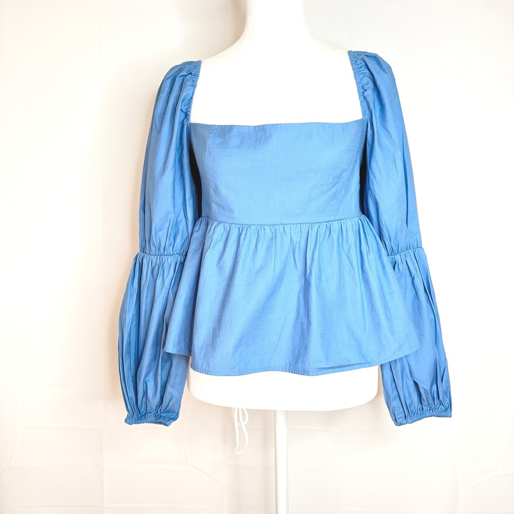 Reformation Jaxley Top Blue Peplum‎ Babydoll Puff Sleeve Smocked Shirt Size 4